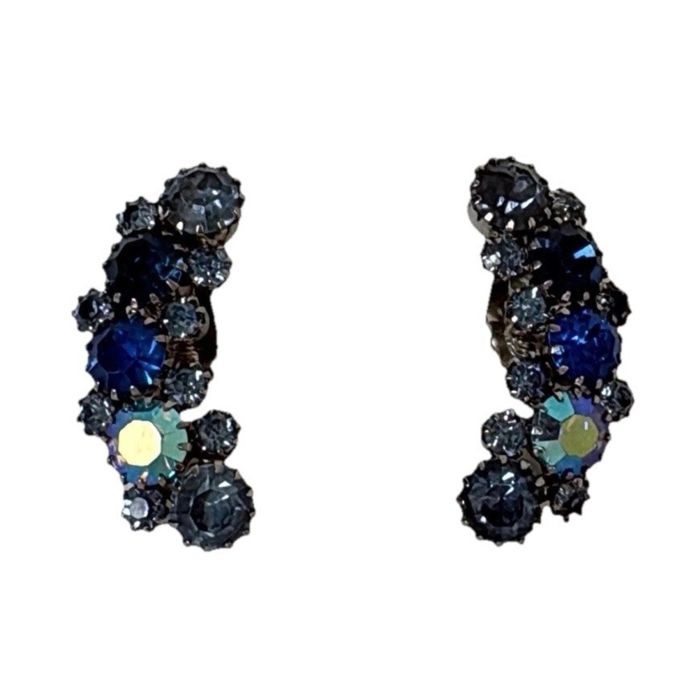 Vintage Karu Arke Blue Glass Prong Set Climber Clip On Earrings AB Rhinestone